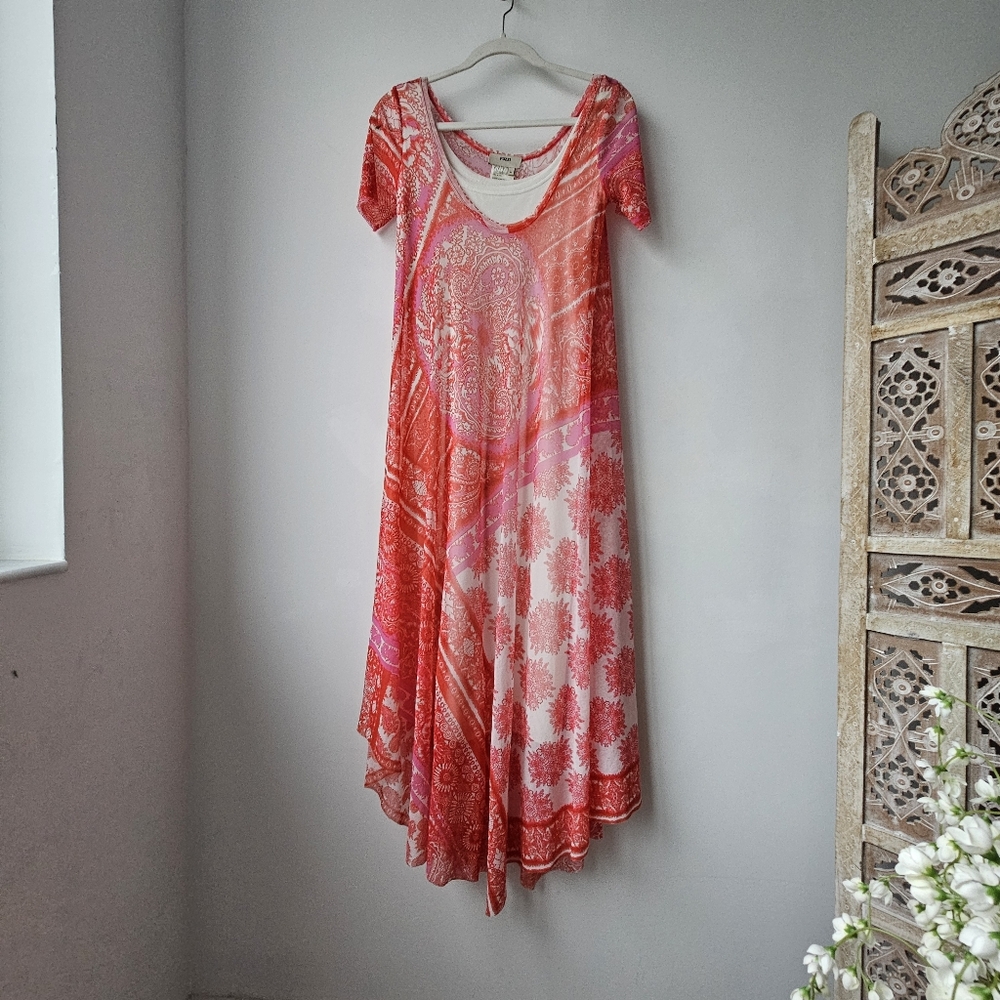 Fuzzi JPG Italy Nylon Mesh Sunset Salmon Patchwork Hankercheif Dress - Picture 4 of 15